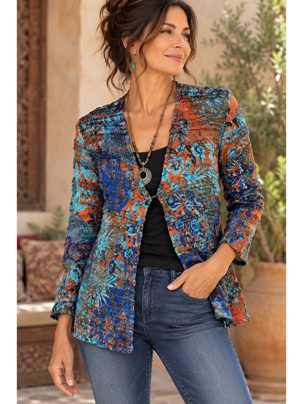 Alberto Makali M Art to Wear Boho Crinkle Pleated Sequin Jacket Cardigan